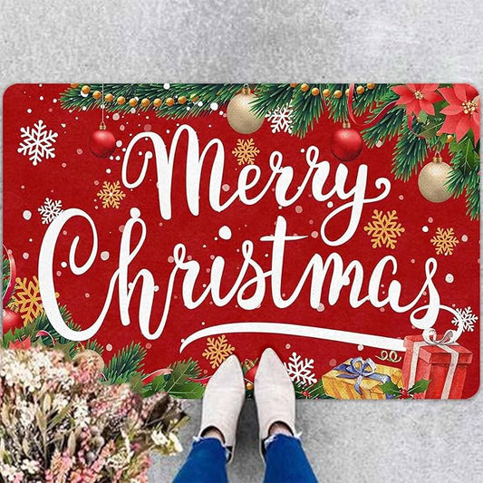 InterestPrint Merry Christmas Welcome Mat Low Profile Entrance Decoration Easy Clean Door Rug Christmas Red Doormat Outdoor Entrance for Outside Entrance Or Porch Entry, 16" x 24" Inch