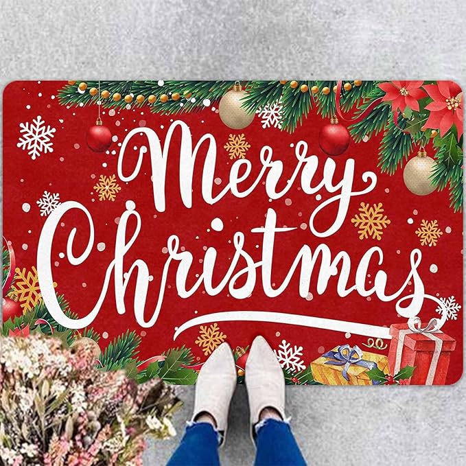 InterestPrint Merry Christmas Welcome Mat Low Profile Entrance Decoration Easy Clean Door Rug Christmas Red Doormat Outdoor Entrance for Outside Entrance Or Porch Entry, 18" x 30"Inch