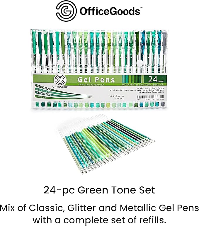 OfficeGoods Green Gel Pens with Refills – Adult Coloring Journaling Art – Medium 0.8-1.0mm Tips – Non-Toxic Gel Pens Set – Quick Dry Smudge-Free 24 Pack Colors