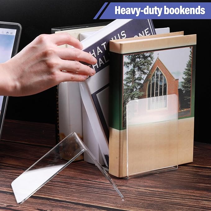 Yulejo 8 Pcs Clear Acrylic Bookends Heavy Duty Book End L Shaped Dividers Book Stopper for Shelves Office Library Home Movies Cds File