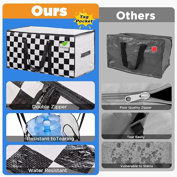 Extra Large Moving Bags Heavy Duty Storage Bags with Zipper Handles, BETU 1 Pack Clothes Storage Totes Bins Packing Moving Boxes, Moving Supplies for College Dorm Essentials, Space Saving,White Plaid