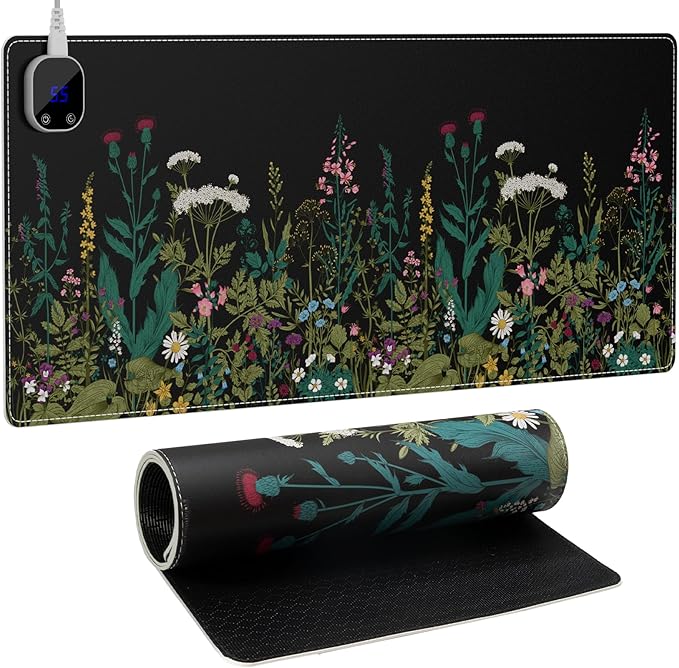 iCasso Heated Mouse Pad, XL Big Aesthetic Desk Pad with 4 Heating Levels & 4 Auto Shut-Off Levels for Computer Keyboard, 31.5" x 13" Large Safe Desk Mat Hand Warmer for Home Office Work (Weeds)