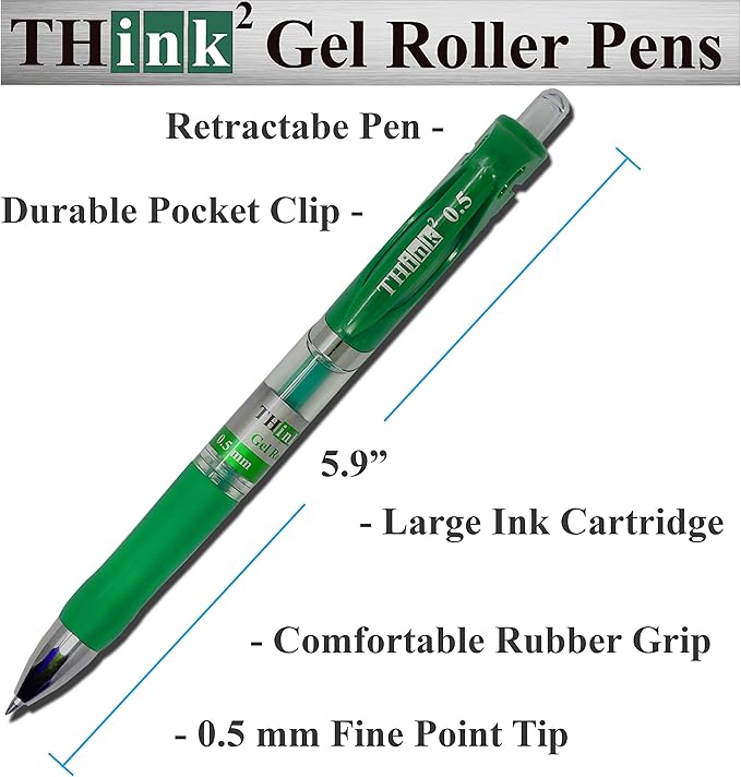 THINK2MASTER [24 Pens - Green Ink] Think2 Retractable Gel Pens. (24 Green) Fine Point (0.5mm) Rollerball Pens with Comfort Grip.