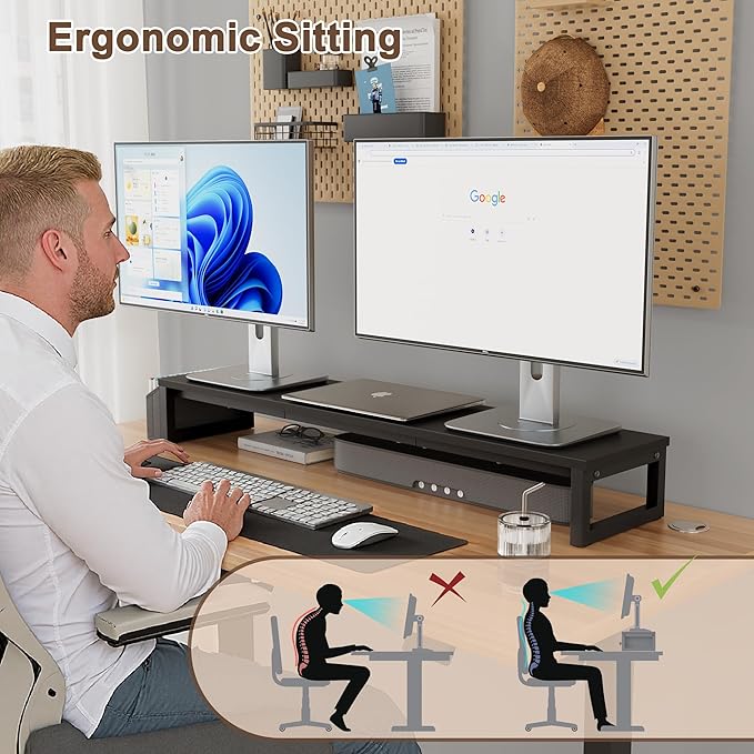 LAND·VOI Dual Monitor Stand Riser,41.5'' Long Monitor Stand for 2 Monitors, Wood and Steel Computer Monitor Stand, Desktop Oraganizer with Pen Holder, Monitor Riser for Desk Computer,Laptop,TV, Black