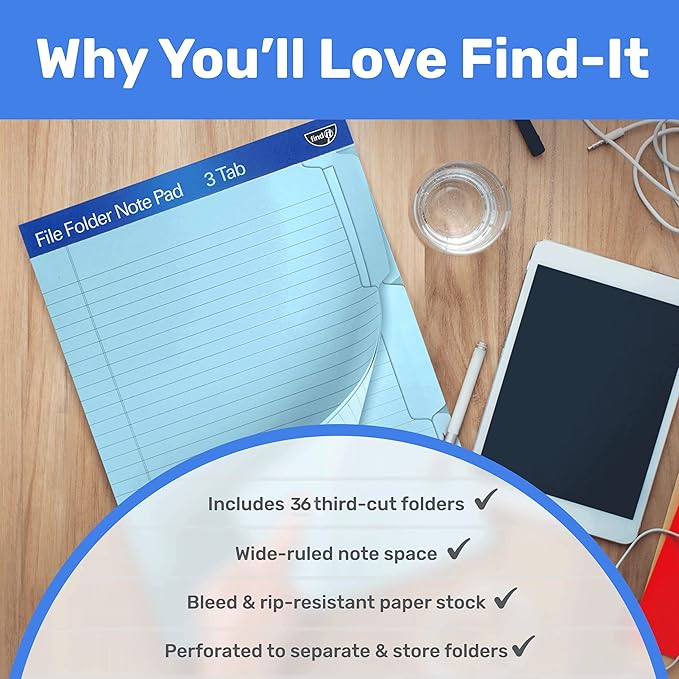 Find It File Folder Notepad - Pack of 36-9.5 x 12.5 Inch Notebook Organizer Folders for Filing, Document, and Clipboard Organization - Blue