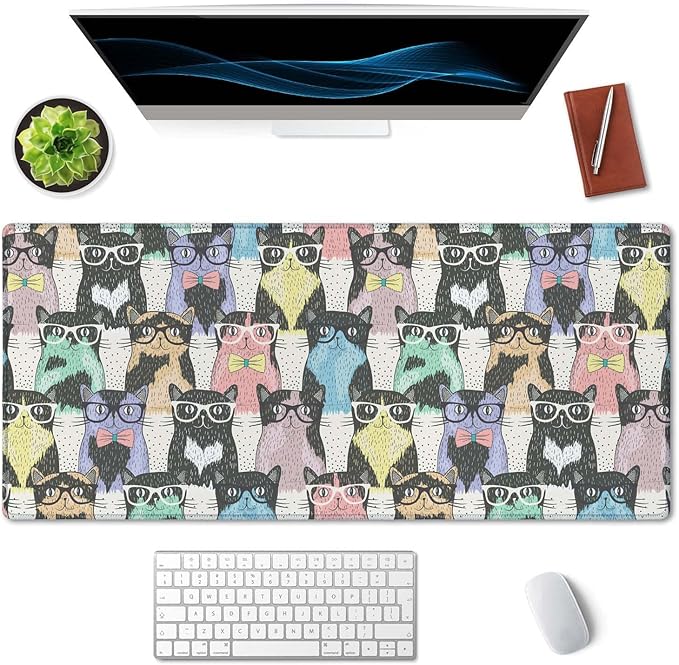 SSOIU Extended Gaming Mouse Pad Mat Large Desk Mat Non Slip Rubber Base Computer Desktop Laptop Keyboard Mouse Mat Stitched Edges, 35.5x15.7 in XXL Waterproof Mousepad for Work Game, Hipster Cute Cats