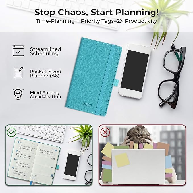 Weekly Monthly 2026 Planner (Jan.26-Dec.26),6.5"x3.75",12 Months Agenda Plan with Month Tabs & Pocket,Expenses/Note Pages, Appointment Book Calendar with Vegan Leather Cover,Light Blue