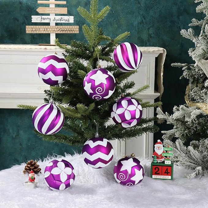 Large Purple White Christmas Ornaments for Tree, 12Pcs Shatterproof Christmas Bulbs Ornaments, 4 Inch Big Hanging Balls Decorations for Xmas Trees Parties Malls (Purple & White)