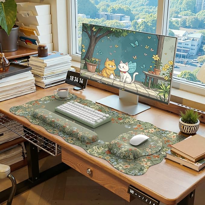 iLeadon Desk Mat Set, Desk Mat with Wrist Support Stitched Edges, Large Mouse Pad with Wrist Rest, Mouse Pad for Computer Keyboard Home Office Women (Green)