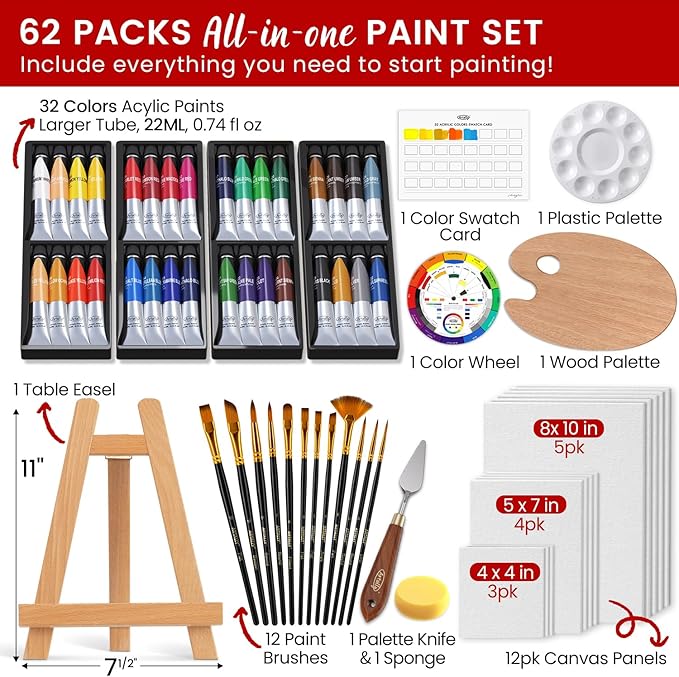 ARTALLY Acrylic Paint Set for Adults & Kids, 62 Pcs Canvas Painting Kits, 32 Colors Acrylic Paint (22ML),Table Easel,Brushes,Canvas, Art Painting Supplies Kit for Students,Artists,Beginners