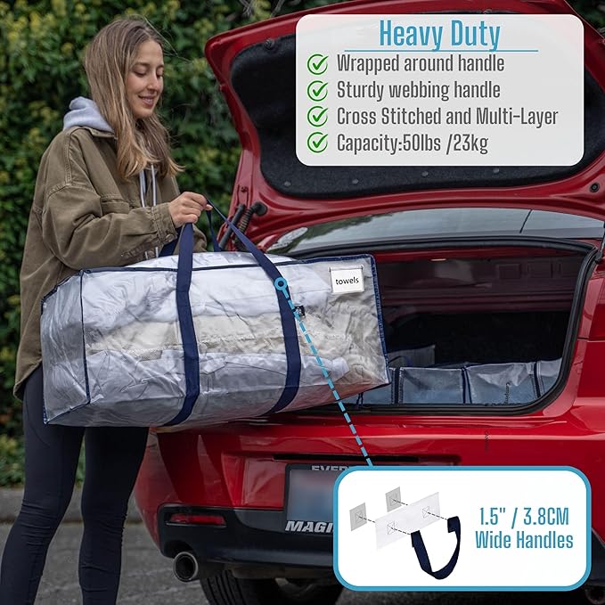 VENO 10 Pack Moving Bags Plastic Storage Totes Clothes Organization Large W Lid/Zipper. Packing Boxes/Bins Alternative. Space Saving Foldable College Supplies Essentials (Clear, 10 Pack)