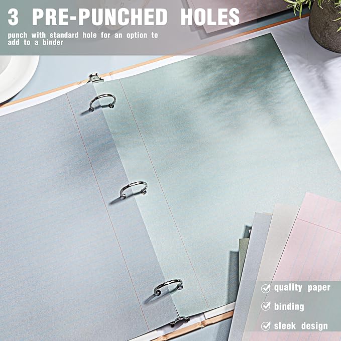 PerKoop 400 Sheets Colored Loose Leaf Paper 8.5" x 11" college ruled Lined 3 Hole Punched notebook Filler Paper for 3 Ring Binders Office School Supplies (Morandi Colors)