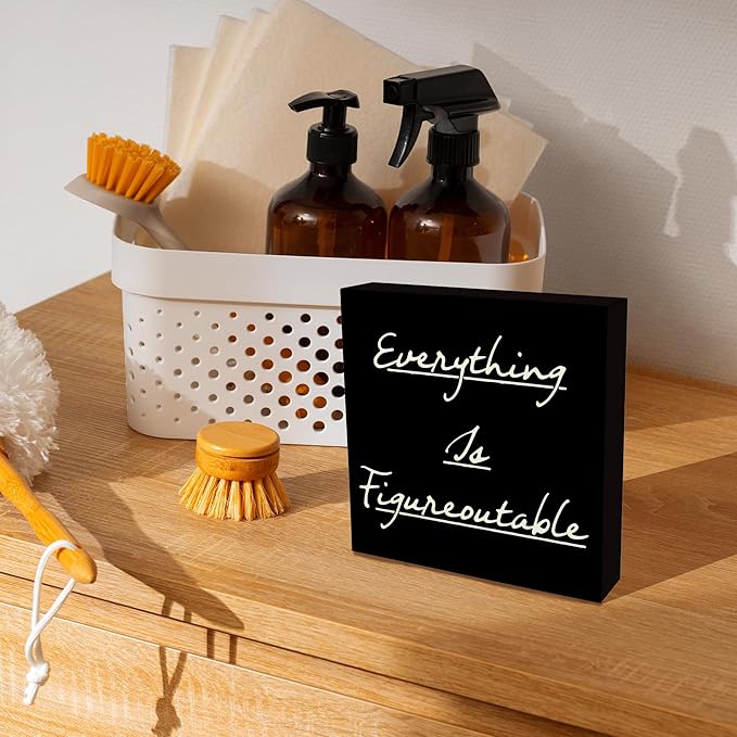 Inspirational Office Decor, Every Thing is Figure Outable Positive Office Accessories Wooden Box Sign, Motivational Gifts for Women Men Wall Desk Shelf Tabletop Decoration 5x5In
