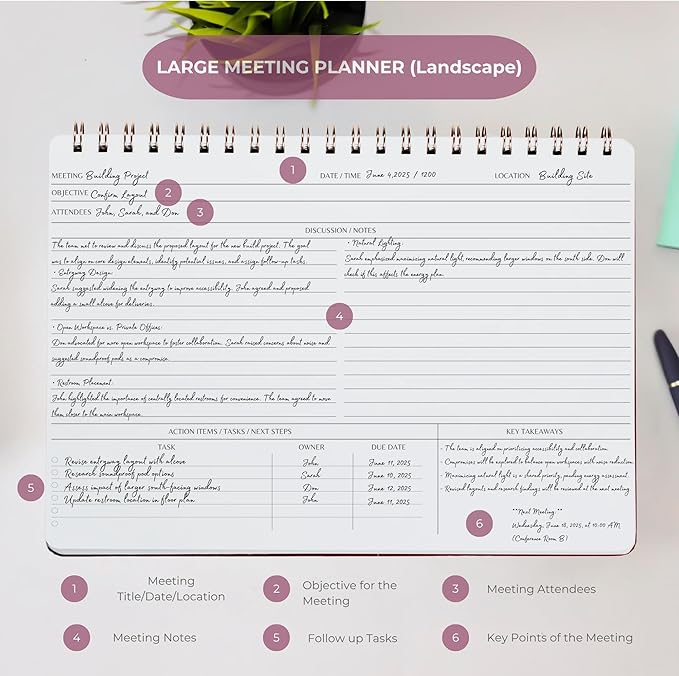 | Meeting Notebook for Work | 8.25" x 11.75" | Project Planner | Simple Design | Multiple Layouts | Office and Business Planner (Evergreen, Meeting Planner - Landscape)