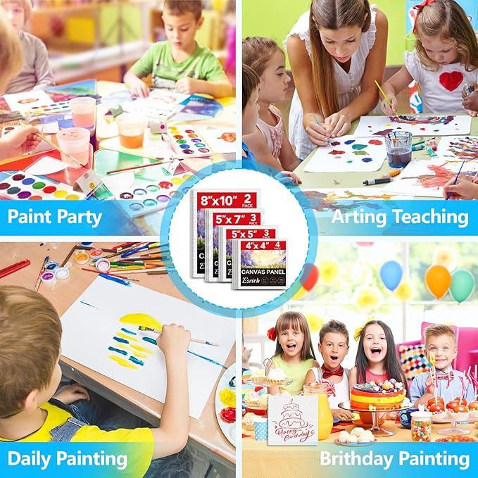 ESRICH Canvas Boards for Painting 12 Pack Art Supplies Paint Canvas 4x4, 5x5, 5x7, 8x10 Blank Large Canvases for Painting-Cotton Primed Canvas Panels for Acrylic, Oil, Gouache & Tempera.