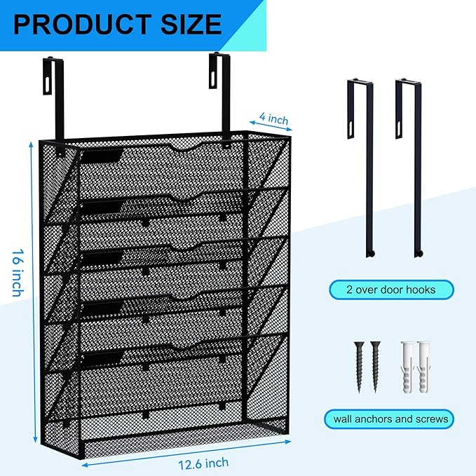 6-Tier Hanging File Organizer Office Cubicle Accessories for Work Organizer Wall Mount File Holder for Mails Folders Papers Magazine Organization, Black