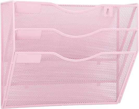 EASEPRES 3 Pocket Mesh Hanging Wall File Organizer, Wall Mounted Mail Paper Document Folder Holder, Clipboard Storage Organization Magazine Rack with Nametag Label for Office Home School, Pink