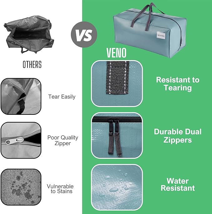 VENO 10 Pack Moving Bags w/Backpack Straps, Heavy Duty, Moving Boxes Alternative, Packing Supplies, Large Storage Totes for Dorm Room Essentials with Zipper for Clothes (Shiny Light Blue, 10 Pack)