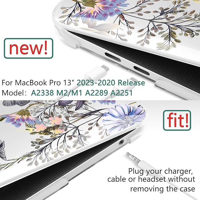 TWOLSKOO Compatible with MacBook Pro 13 inch Case 2023-2016 A2338 M2/M1 A2251 A2289 A2159 A1989 A1706, Plastic Hard Shell Cover & Keyboard Skin & Screen Protector, Garden Flower
