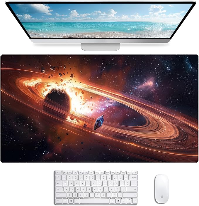 Personalized Galaxy Starry Sky Nebula Customized Computer Keyboard Office Desk Pad, Cute Space Planet Full Table Extended Mouse Pad 35.4 x 15.7 Inches