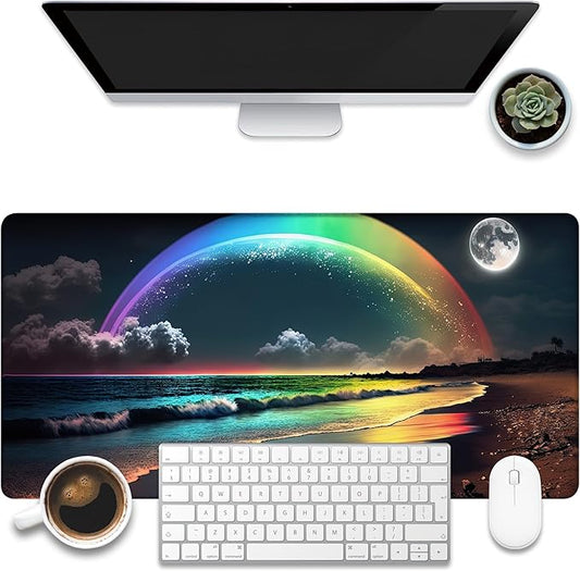 Desk Mat, Rainbow and Full Moon Desk Pad, Beach at Night Large Gaming Mouse Pad for Desk, 31.5"x15.7" Extended Big Computer Keyboard Mouse Pad with Non-Slip Base and Stitched Edge
