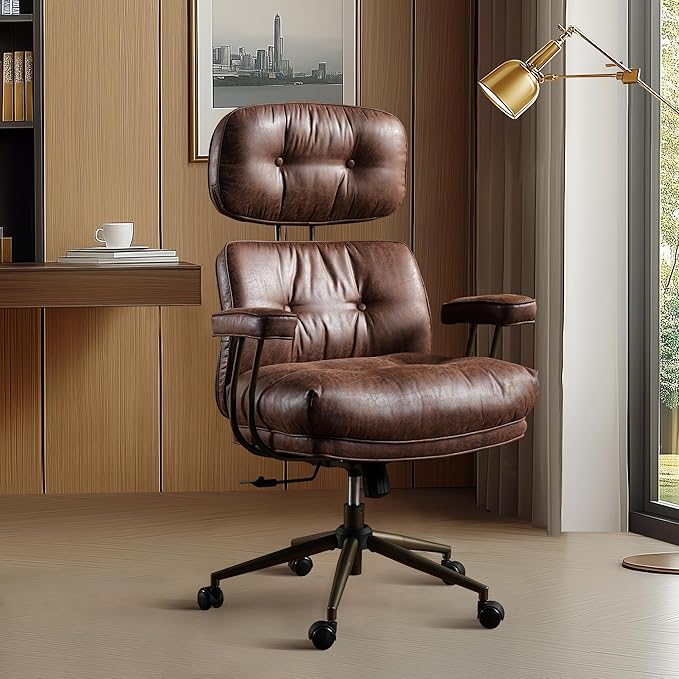 Mid Century Modren Large Office Chair, Big and Tall Ergonomic Executive Chair for Heavy Duty People, Computer Desk Task Chair with Wheels, Faux Lether Fabric Wide Chair for Home Sturdy,Dark Brown