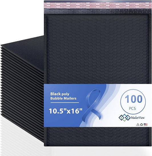 Black 10.5x16 Inch Large Poly Bubble Mailers #5 | Padded Envelopes with Self Seal | Air Lined Cushioned Bubble Mailer | Usable Size 10.5x15 | 100 Pack Bulk | Lightweight shipping Bags | Made in USA