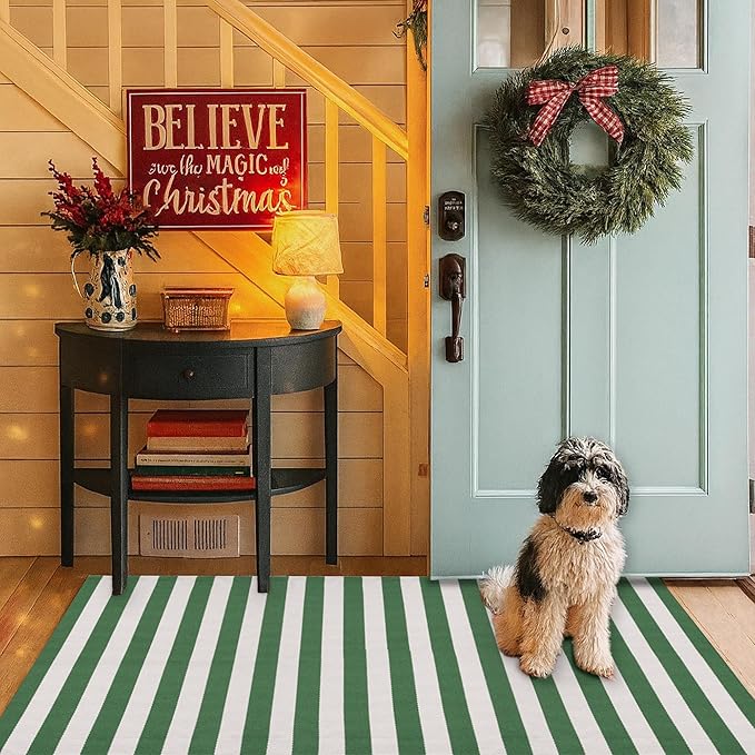 Christmas Green & White Striped Rug - 4' x 6' Outdoor Front Door Decor Mat Cotton Washable Hand-Woven Rug Christmas New Year Holiday Porch Entryway Layered Doormat