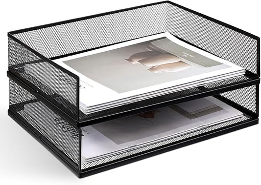 2 Pack Stackable Letter Tray, Wire Mesh Desk File Organizer Metal Desktop Paper Sorter Desk Tray Document Magazine Storage Basket for Home Office Supplies - Transverse Load, Black