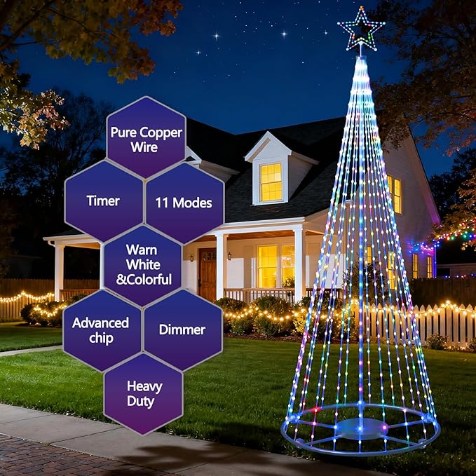 12Ft Outdoor Lighted Christmas Tree Lights Cone Tall Star Topped Artificial Christmas Trees Arbol de Navidad Outside Decor for Xmas New Year Holiday Multicolor/WarmWhite