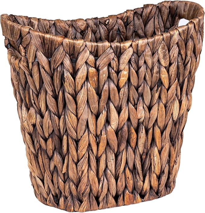 FairyHaus Wicker Waste Basket with Handle, Hand-Woven Water Hyacinth Trash Can for Bathroom Bedroom, Brown Wicker Storage 13 x 7.5 x12.2