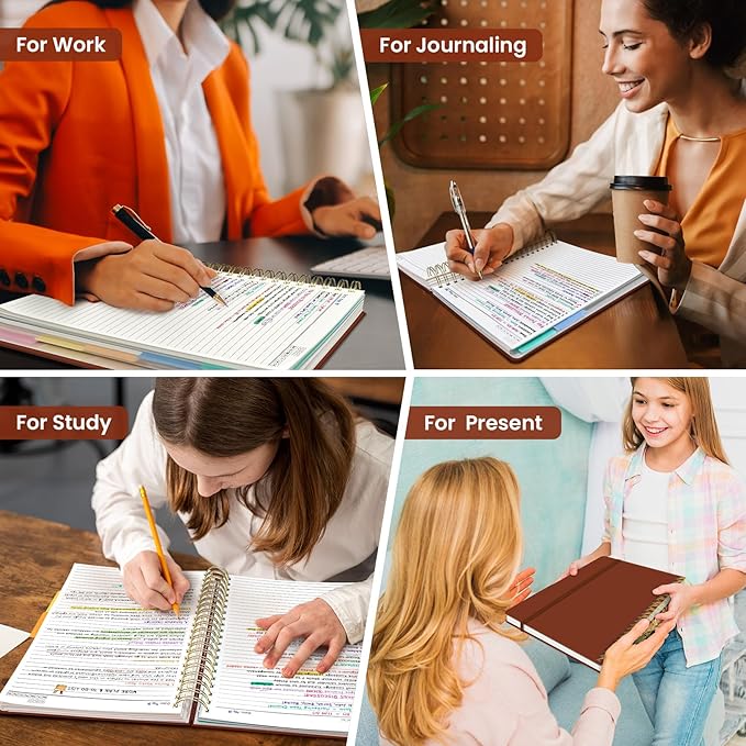 Hardcover Spiral Journal Notebooks for Work With Removable Dividers & Tabs, 8.5"x11" 5 Subject Notebook for Note Taking & Organizer, A4 College Ruled Lined Journal for Women & Writing, Rust Brown, 280 Pages