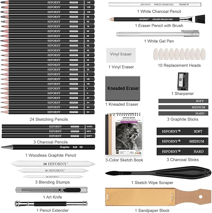 HIFORNY 58 PCS Drawing Kit Sketching Pencil Set,Sketch Pencils Art Supplies with 3-Color Sketchbook,Graphite,Charcoal,Blending Tools,Drawing Pencils for Adults Artists