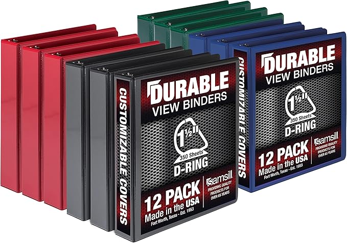 Samsill Durable 1.5 inch 3 Ring Binder, Made in USA, D Ring Binder, FSC 100% Recycled Chipboard, Basic Assortment, 12 Pack