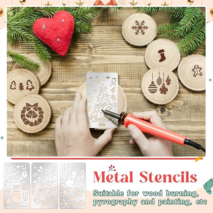 Lewtemi 6 Pcs Christmas Metal Stencils Engraving Stencils for Wood Burning Reusable Wood Burning Templates for Wooden Carving Drawing Engraving Scrapbook Journal Craft Holiday DIY (Christmas Style)