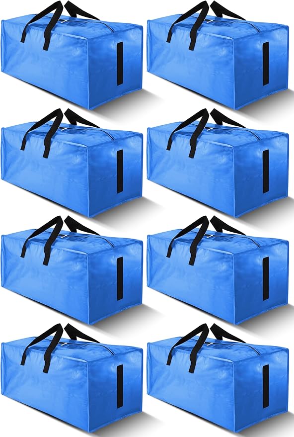 8 Pack Large Strong Moving Bags with Zippers & Carrying Handles - Water-Resistant - Heavy Duty Storage Tote for Space Saving, Fold Flat, Alternative to Moving Box (Sky Blue)
