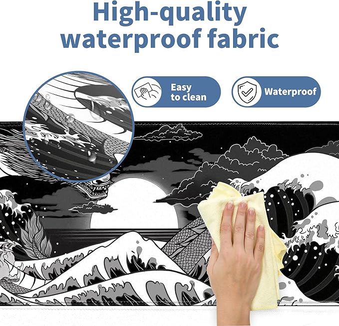 Wave Sea Dragon Gaming Mouse Pad Large Desk Mat Extended Black Keyboard Mouse Pad Gaming Mousepad with Non-Slip Base Stitched Edge Anime Mouse Mat Desk Pad 31.5 X 11.8 Mouse Pads for Desk Home Office