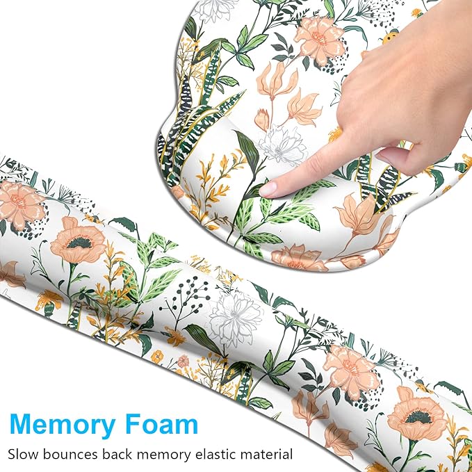 Dapesuom Keyboard Wrist Rest and Mouse Pad with Wrist Support, Cute Memory Foam Cushion for Keyboard and Mouse Set, Desktop Pad Rests with Non Slip Base for Easy Typing & Pain Relief, White Floral