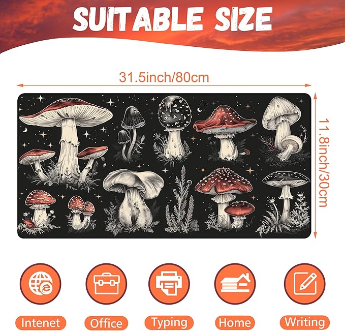 Psychedelic Mushrooms Desk Mat, Large Gaming Mouse Pad, 31.5"x15.7", Extended Big Computer Keyboard Mouse Pad with Non-Slip Base and Stitched Edge
