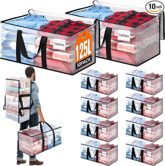 BlissTotes 10-Pack Large Moving Bags with Backpack Straps & Strong Zippers, Heavy-Duty Storage Bags Moving Boxes for Space Saving, Dorms, Transport, 125L-30 Gallons, Clear