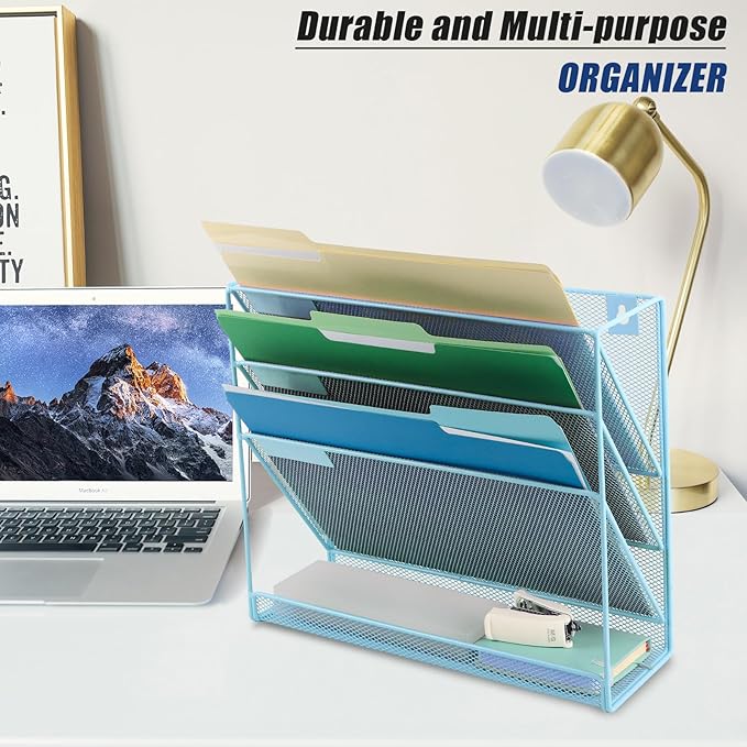 EASEPRES Desk File Organizer Mesh 4-Tier, Hanging Wall Mount Document Organization Stand, Desktop Vertical Mail Paper Folder Holder Rack with Bottom Tray for Office Home Cubicle Countertop, Blue