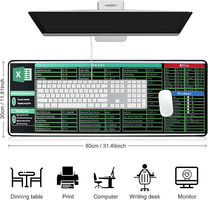 Excel Cheat Sheet Desk Pad,Excel Mouse Pad Shortcuts,Large XXL Mouse pad Gaming|Desk mat for Keyboard and Mouse| Non-Slip Computer mat with excel Shortcuts,PC Office Spreadsheet Keyboard Mat