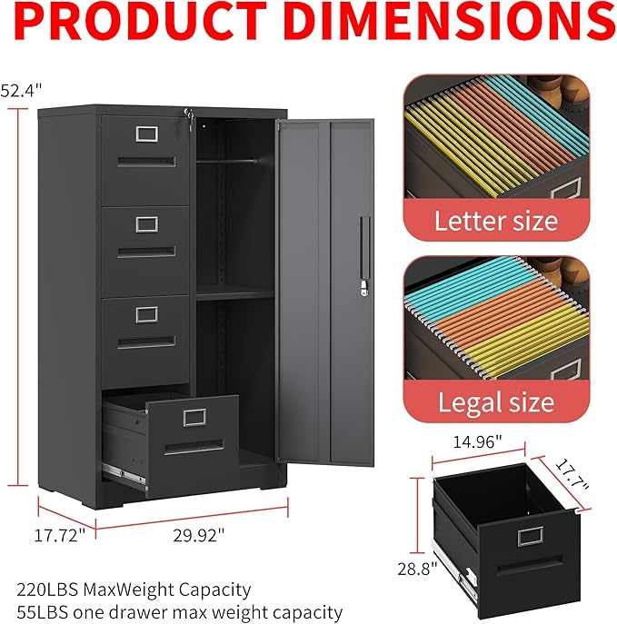 4 Drawer File Cabinet with 1 Door,Metal Storage Locker Cabinets for Employees,Home Office Black Filing Cabinets for Legal/Letter Size Files,Assembly Required