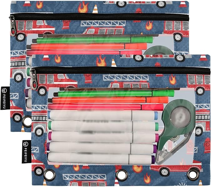 Fire Trucks Pencil Pouch for 3 Ring Binder, 2 Pack Waterproof Pencil Bags Clear Window Zipper School Office Supplies