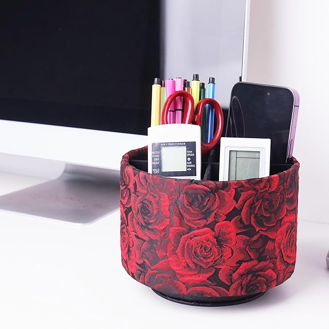 QIELIZI Round Leather Art Supply Organizer,Remote Control Holder,360 Degree Rotating,Multi-Functional Pencil Holder,4 Compartments Desktop Stationary Organizer(1-3D Rose Red)