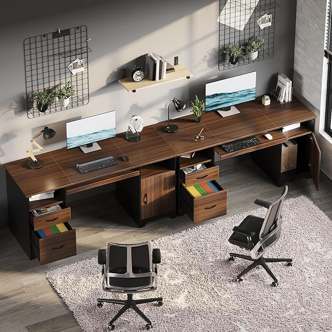 Bestier 59” Executive Desk with 2 Drawers, Computer Desk with Storage Cabinet, Industrial Wood Desk with File Drawer, Keyboard Tray & 2 Pedestals for Home Office & Studio, Cherry
