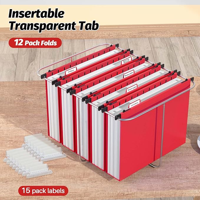 Extra Capacity Plastic Hanging File Folders,12 Pack Reinforced Hang Folders,Heavy Duty 2 Inch Expansion,Plastic Filing Cabinet Folders,Letter Size,for Bulk Files, Medical Charts,Red