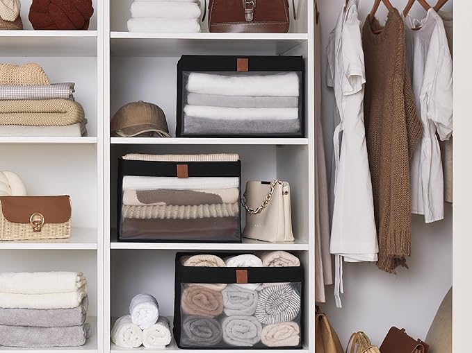 StorageWorks Closet Storage Bins, Extra Large Storage Baskets with Clear Window and Handles, Foldable Fabric Organizer for Clothes, Shelves, Black, 3 Pack