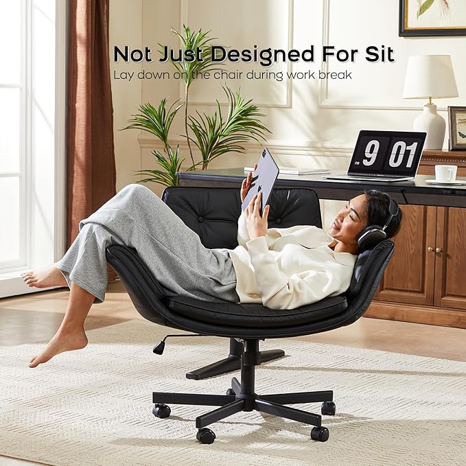 Criss Cross Chair with Armrests & Wheels, PU Leather Vanity Chair, Comfortable Adjustable Swivel Computer Office Desk Chairs for Home, Make Up, Bed Room (Black)