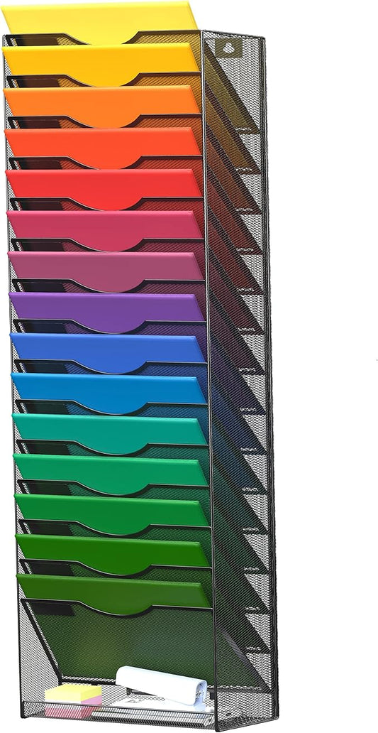 16-Tier Wall Mounted Hanging File Organizer Wall File Holder Metal Mesh Vertical Magazine Rack Classroom Office Organization